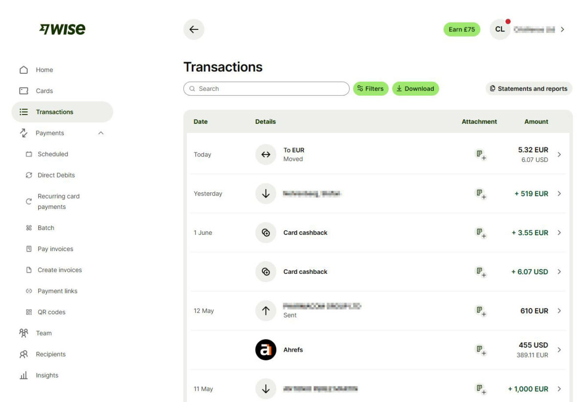 Wise Business full transaction history with filters and export