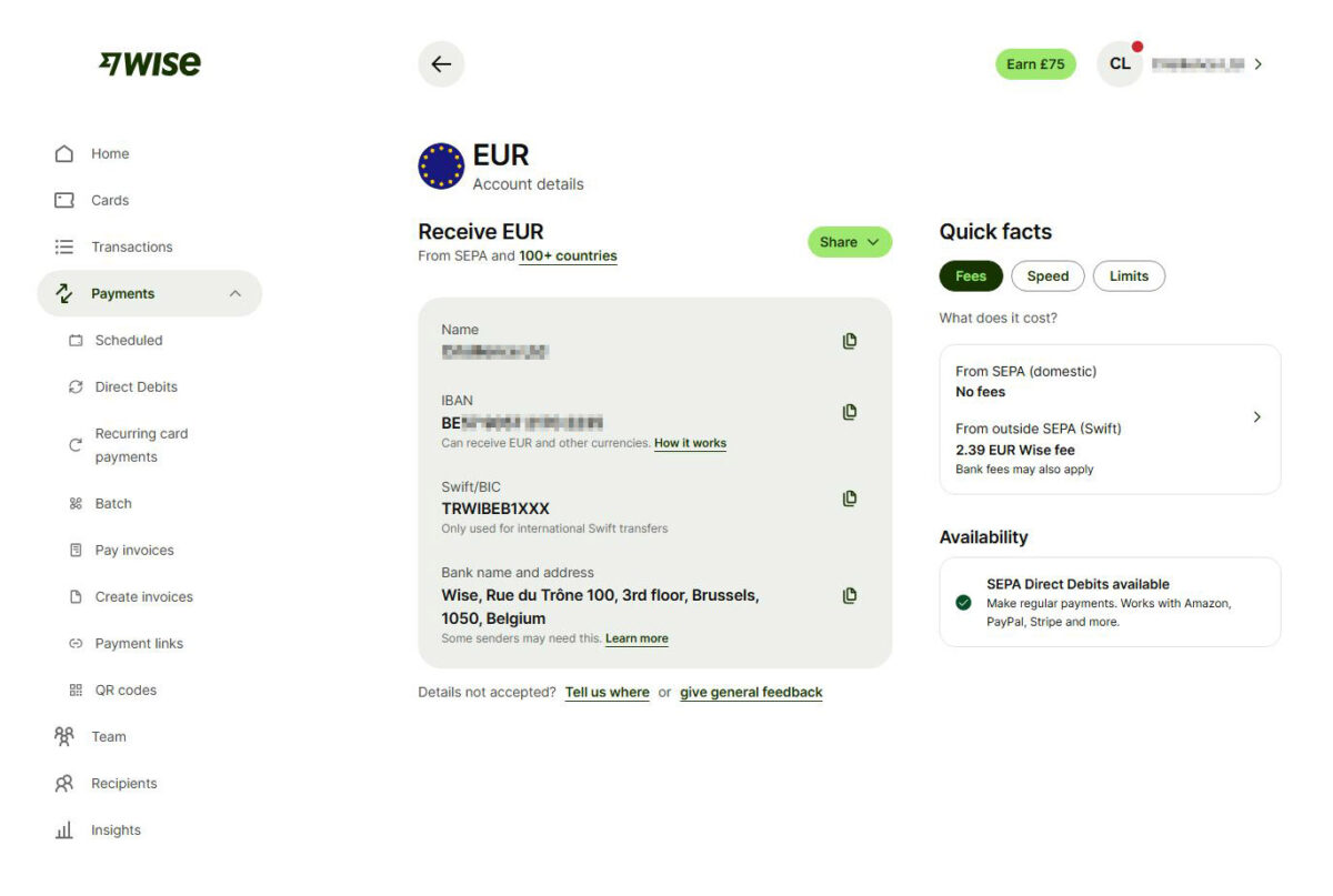 Wise Business local EUR details (IBAN/BIC) — hand these to clients and networks exactly like normal bank details